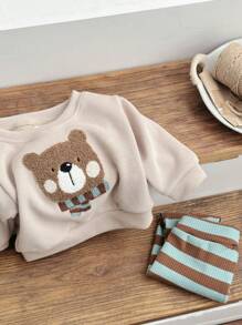 2 件套男婴熊刺绣长袖运动衫和裤子套装，春夏 - 棕色 - 查看 5