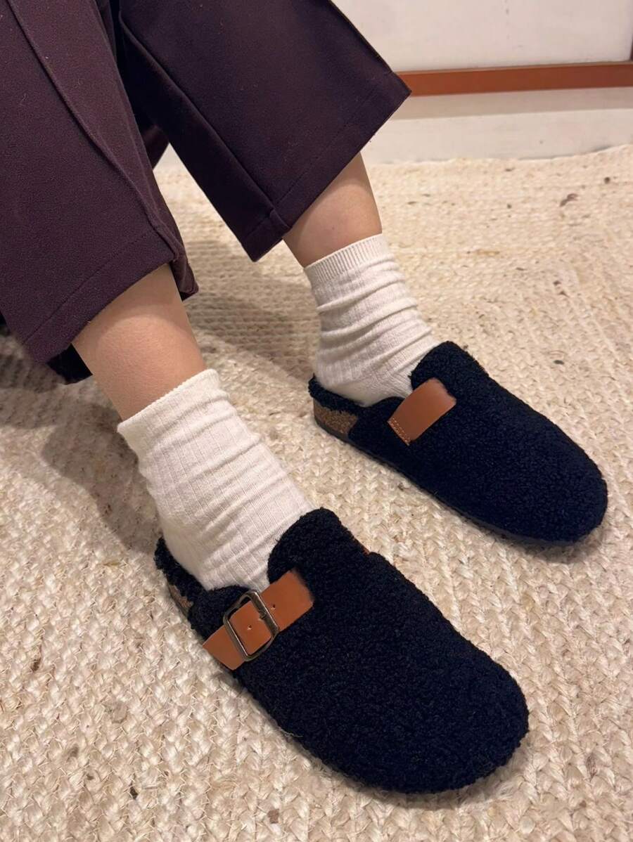 Slip-On Slippers In Sheepskin Material, Round Toe, Mule Sandals - Black - View 1