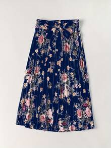 Women's Satin Floral Print Drawstring Pleated Elegant Skirt - Navy Blue - View 3