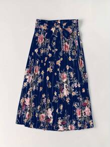 Women's Satin Floral Print Drawstring Pleated Elegant Skirt