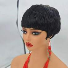 Pelucas cortas de cabello humano para mujeres, peluca de corte pixie 1B, peluca corta con capas, peluca de cabello humano brasileño con una densidad del 150%, pelucas cortas de cabello humano con flequillo para uso diario, regalo de amor, Día de San Valentín, moda - Negro - Ver 5