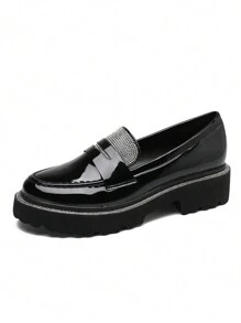 Women's Fashion Comfortable Rhinestone Thick Sole Loafers - Glossy Black - View 2