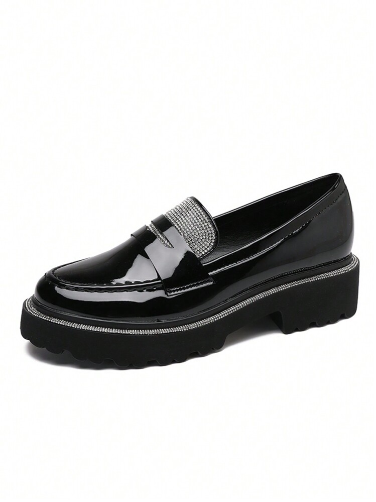 Women's Fashion Comfortable Rhinestone Thick Sole Loafers - Glossy Black - View 2
