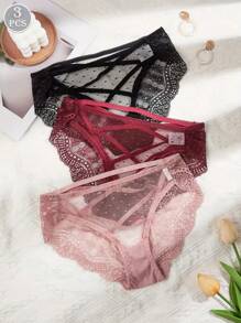 3件装女士性感蕾丝内裤，多种颜色可选，透气舒适，三角款式，优雅设计，适合日常穿着 - 彩色 - 查看 1