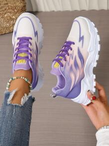 Damen Lässig Schuhe mit dickem Sohle und warmer Fütterung, runde Zehenkappe mit Flammen Muster, leichte Laufschuhe, weiche rutschfeste Sohle für Outdoorsport