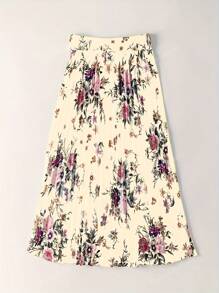 Women's Satin Floral Print Tie-Waist Pleated Elegant Skirt