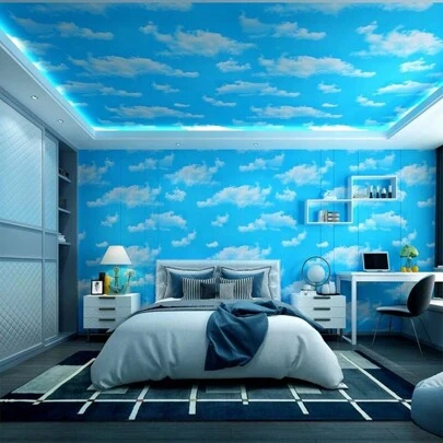 1 Roll 2m/5m/10m Blue Sky White Cloud Pattern Self-Adhesive Wallpaper, Waterproof And Removable, Easy To Install For Ceiling, Kitchen, Cabinet, Furniture, Bedroom Wall Decor, Cleanable And Trimmable