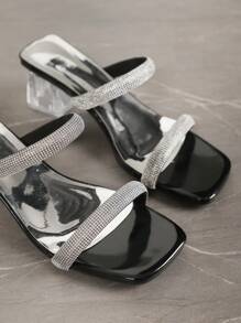 Women's High Heel Slides, Fashion Square Toe Crystal Embellished Chunky Heel Sandals