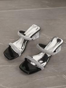 Women's High Heel Slides, Fashion Square Toe Crystal Embellished Chunky Heel Sandals