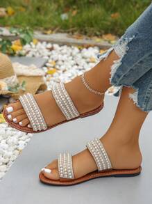 Sandalias planas de verano cómodas y casuales para mujer, decoradas con lentejuelas brillantes, calzado ligero para la playa - cuentas marrones amarillas - Ver 2