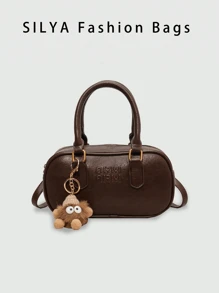 复古包 1 件咖啡棕色单肩包带娃娃配饰，大容量软皮波士顿女士手提包，四季通勤手提包，秋冬新品，复古风格女士包