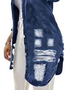 Women's Casual Mid-Length Distressed Washed Denim Jacket, Autumn - Medium Wash - View 6