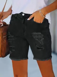 Women's Casual Elastic Waist Skinny Denim Shorts - Black - View 1