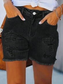 Women's Casual Elastic Waist Skinny Denim Shorts - Black - View 3