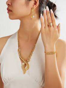 Mgyi Gold-Colored Copper Fashionable And High-End Luxury Retro Jewelry Set For Women,18K Gold Plated Elegant Luxury Square Design Necklace, Earrings, Bracelet, Ring For Women, Suitable For Nigeria, Dubai, Middle East, Saudi Arabia Bridal Wedding, Daily Wear, Wedding Anniversary Gift, Halloween Gift For Friends