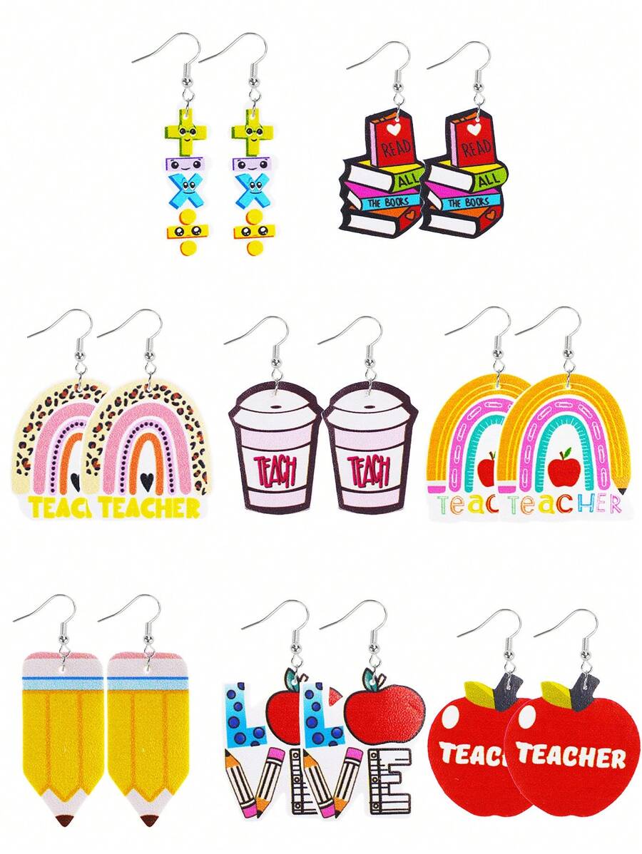 8 Pairs Teacher's Day & Back To School Pencil, Book, Coffee Cup, Apple, Math Symbol, Love, Rainbow, Leopard Print Stud Earrings Gift Set For Teachers & Students - 8 piece set - View 1