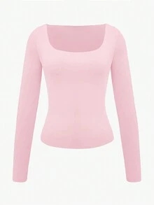 Blusa casual de manga larga color rosa de XLLAIS para otoño e invierno, con cuello redondo amplio y diseño de doble capa sexy para mujer