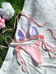 PEPPERMOLLY 全新柔软对比绑带吊带比基尼套装，女士时尚沙滩泳装，粉色泳装，适合夏季度假 - 粉色 - 查看 2