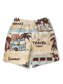 Open Phase 男士 3D 夏季房车椰子树印花沙滩裤，夏威夷风情 - 彩色 - 查看 4