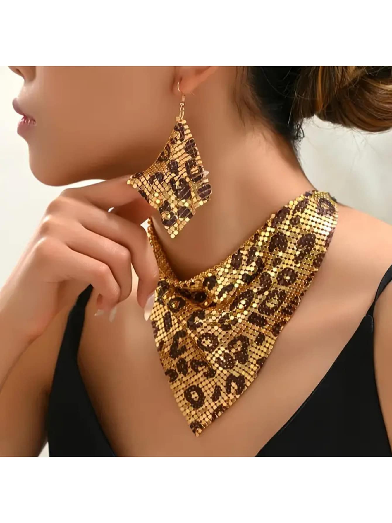 时尚豹纹首饰套装，3 件套，性感围兜项链和吊坠耳环，复古优雅设计，百搭时尚女士配饰，非常适合宴会、日常穿着、夏季海滩派对和音乐节