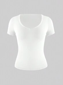 XLLAIS Women's T Shirt Sexy V Neck Summer Short Sleeve Slim Top Stretch Solid Casual Tee - White - View 5