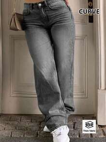 Cross Border New European And American Street Style Simple Daily Basic Versatile Casual Women's Plus Size Mid Waist Waist Elastic Straight Leg Pants Jeans - Ash - View 1