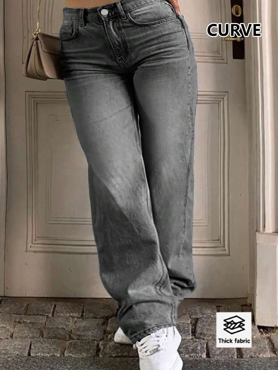 Cross Border New European And American Street Style Simple Daily Basic Versatile Casual Women's Plus Size Mid Waist Waist Elastic Straight Leg Pants Jeans - Ash - View 1