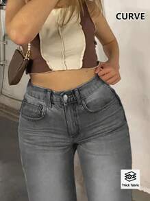 Cross Border New European And American Street Style Simple Daily Basic Versatile Casual Women's Plus Size Mid Waist Waist Elastic Straight Leg Pants Jeans - Ash - View 4