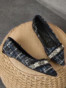 WHDXY 女士尖头平底鞋、法式低帮派对珍珠装饰软底工作鞋、仙女风格一脚蹬平底鞋、毛绒开衫、百搭