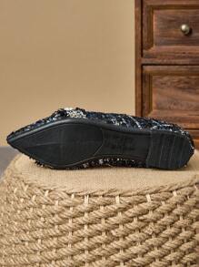 WHDXY 女士尖头平底鞋、法式低帮派对珍珠装饰软底工作鞋、仙女风格一脚蹬平底鞋、毛绒开衫、百搭