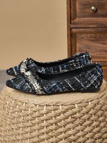 WHDXY 女士尖头平底鞋、法式低帮派对珍珠装饰软底工作鞋、仙女风格一脚蹬平底鞋、毛绒开衫、百搭