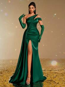 Smilprince 女士优雅单肩缎面礼服，高开叉，可拆卸蕾丝手套，正式晚礼服，婚礼宾客礼服，派对礼服 - 墨綠色 - 查看 5