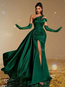 Smilprince 女士优雅单肩缎面礼服，高开叉，可拆卸蕾丝手套，正式晚礼服，婚礼宾客礼服，派对礼服 - 墨綠色 - 查看 1