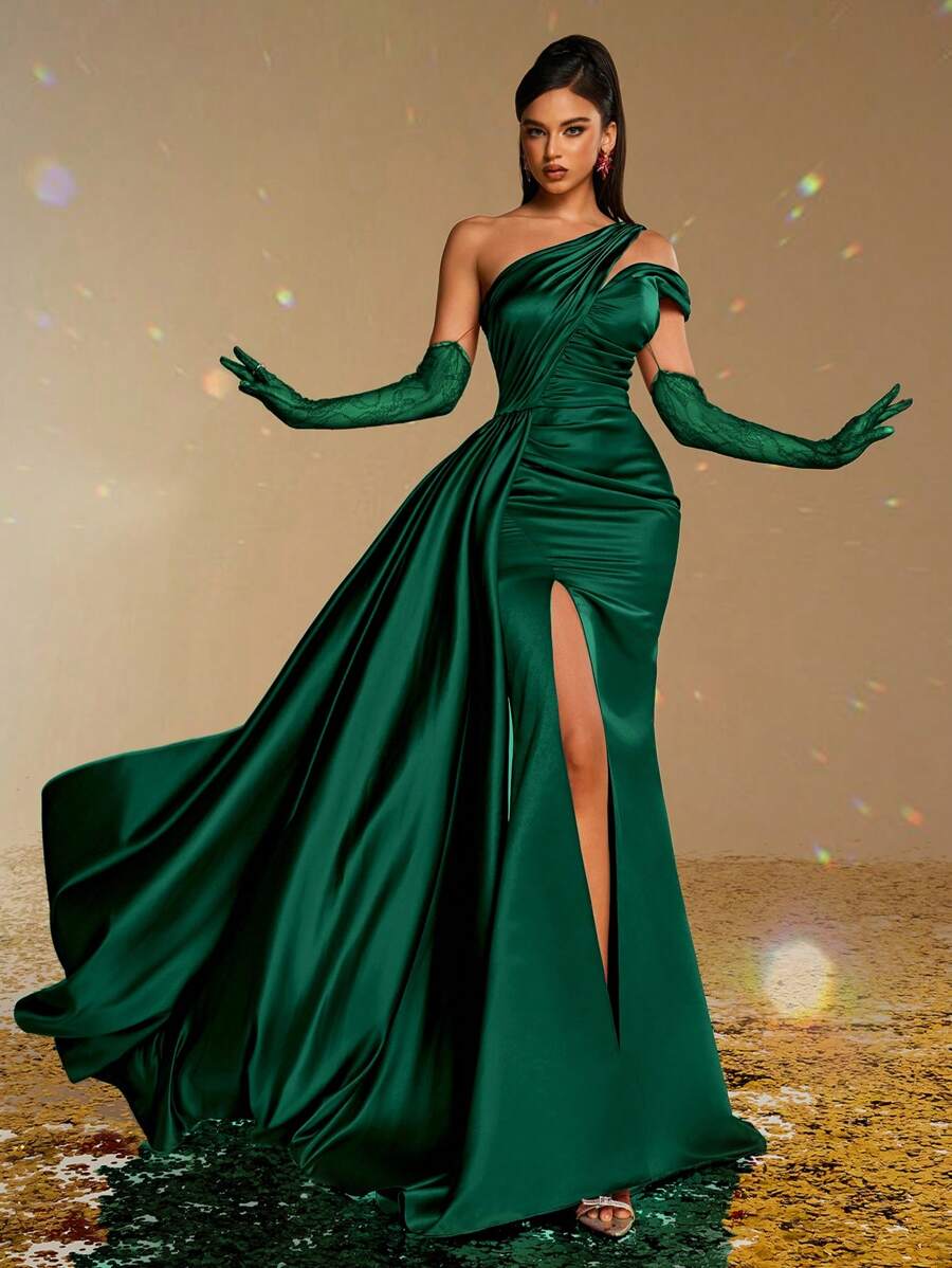Smilprince 女士优雅单肩缎面礼服，高开叉，可拆卸蕾丝手套，正式晚礼服，婚礼宾客礼服，派对礼服 - 墨綠色 - 查看 1