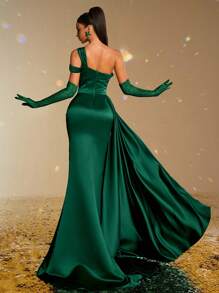 Smilprince 女士优雅单肩缎面礼服，高开叉，可拆卸蕾丝手套，正式晚礼服，婚礼宾客礼服，派对礼服 - 墨綠色 - 查看 2