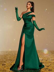 Smilprince 女士优雅单肩缎面礼服，高开叉，可拆卸蕾丝手套，正式晚礼服，婚礼宾客礼服，派对礼服 - 墨綠色 - 查看 4