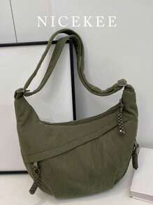 1 pieza Bolso de lona con media luna de pana de unicolor, bolso de lona plegable minimalista y ligero con múltiples bolsillos, cierre con cremallera, adecuado para estilo casual de verano, ir y venir, deportes, estilo universitario, estilo callejero y viajes - Verde - Ver 2