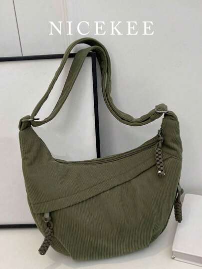 1pc Solid Color Corduroy Crescent Canvas Bag, Minimalist Lightweight Foldable Canvas Bag With Multiple Pockets, Zipper Closure Shoulder Bag, Suitable For Summer Casual, Commuting, Sports, College Style, Street Style And Travel