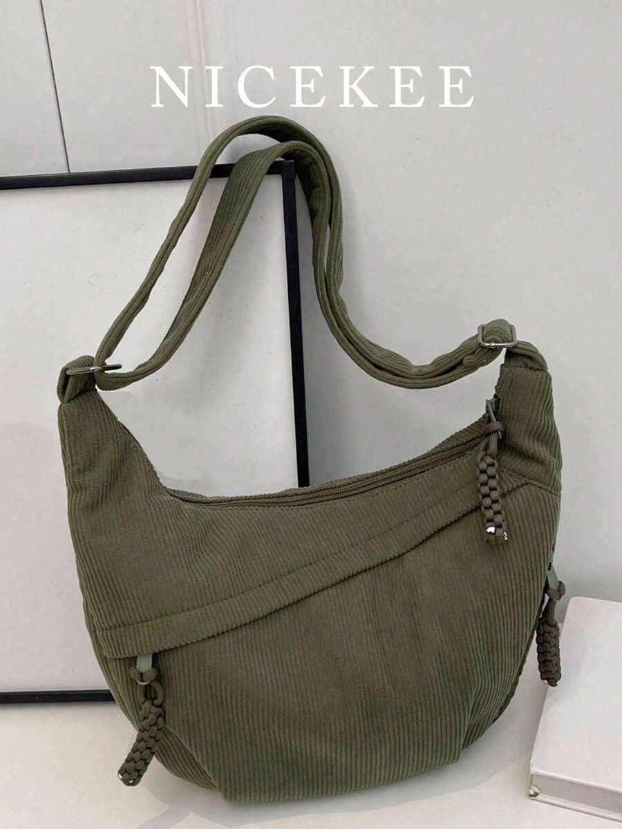 1 pieza Bolso de lona con media luna de pana de unicolor, bolso de lona plegable minimalista y ligero con múltiples bolsillos, cierre con cremallera, adecuado para estilo casual de verano, ir y venir, deportes, estilo universitario, estilo callejero y viajes