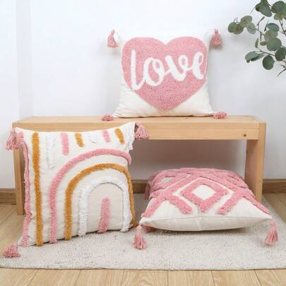 1 件心形图案簇绒抱枕套，浪漫风格几何方形靠垫套，客厅卧室沙发装饰枕套，无枕芯