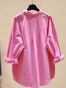 Women's Plus Size Solid Color Casual Buttoned Blouse - Hot Pink - View 2