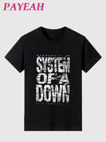 Payeah Women's 220g Heavy Cotton Casual Tee System Of A Down Distressed Logo 100% Cotton Digital Print T Shirt(1 Pcs) - 黑色 - 查看 1