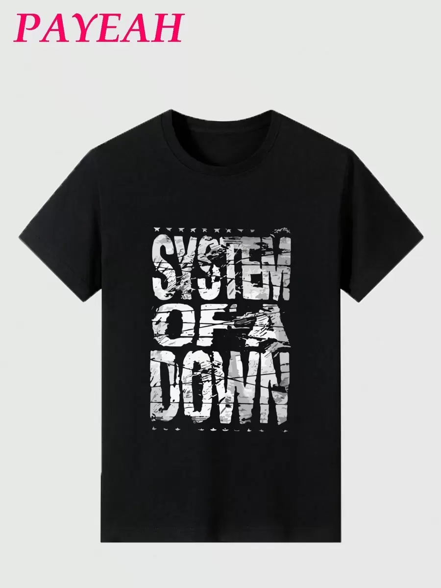 Payeah Women's 220g Heavy Cotton Casual Tee System Of A Down Distressed Logo 100% Cotton Digital Print T Shirt(1 Pcs) - 黑色 - 查看 1