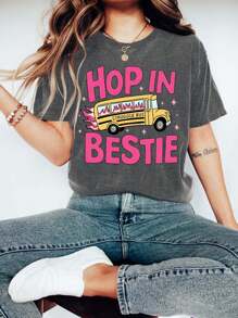 The Struggle Bus Jumped Into The Girlfriend Graphic Print T-Shirt, Short Sleeve Crew Neck Casual Top For Summer & Spring, Women's Clothing - Dark Grey - View 1