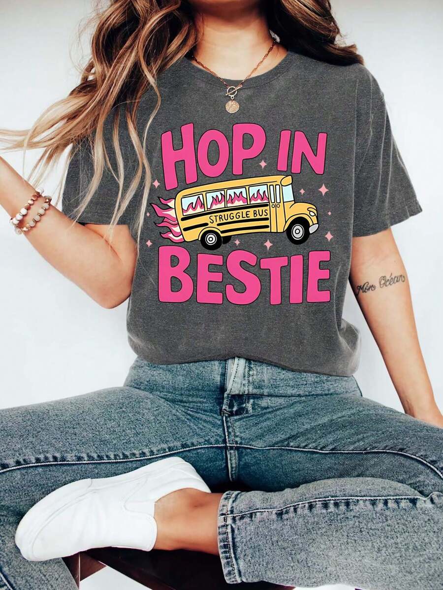 The Struggle Bus Jumped Into The Girlfriend Graphic Print T-Shirt, Short Sleeve Crew Neck Casual Top For Summer & Spring, Women's Clothing - Dark Grey - View 1