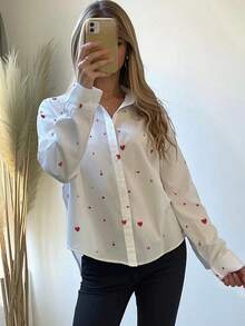 White Red Heart Collar Blouse, Office Lady Style For Valentine's Day - Red and White - View 2