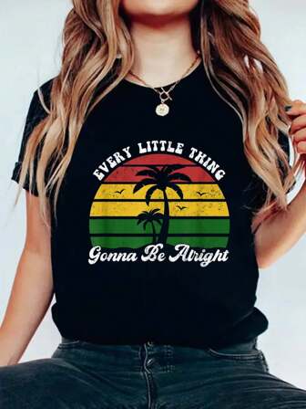 Every Little Thing Is Gonna Be Alright Jamaica Funny Reggae T-Shirt Print Women's Round Neck Short Sleeve T-Shirt Fashion Graphic Tees Women Top