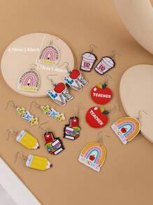 8 Pairs Teacher's Day & Back To School Pencil, Book, Coffee Cup, Apple, Math Symbol, Love, Rainbow, Leopard Print Stud Earrings Gift Set For Teachers & Students - 8 piece set - View 6