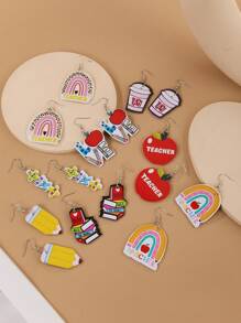8 Pairs Teacher's Day & Back To School Pencil, Book, Coffee Cup, Apple, Math Symbol, Love, Rainbow, Leopard Print Stud Earrings Gift Set For Teachers & Students - 8 piece set - View 5
