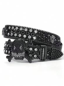 A Men's Solid Color Street Rhinestone Inlaid Fashionable Hip-Hop Skull Belt Summer, School Casual, Business, Boyfriend Husband Father Dad Men Gift, Daily Wear, Fashion, Teen, Outdoor, Vacation, Athletic, Travel, Street, Boho, Vintage Fall, Autumn, Halloween Autumn-Winter Accessories,Suitable For Teens, Youth,Men,Casual, Outdoor, Athletic, Vacation, Graduation Gifts, Birthday, Daily Wear - Multicolor - View 13
